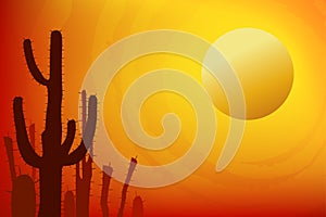 Sunset with Saguaro Cactus. Summer Vector background.