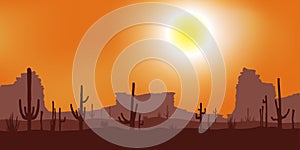 Sunset with Saguaro Cactus. Vector background.