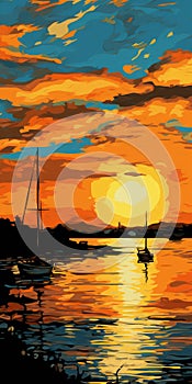 Sunset Boats On Water: Digital Painting In Post-impressionist Style photo