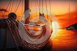 sunset sailboat docked with sails furled and mooring lines secured