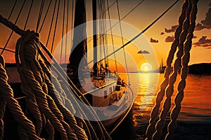 sunset sailboat docked with sails furled and mooring lines secured