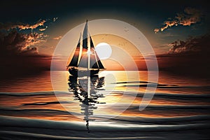 sunset sailboat drifting on gentle waves with the sun reflecting off the water