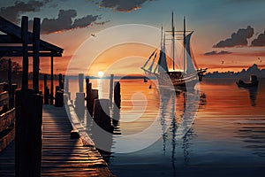 sunset sailboat drifting through tranquil bay with docks in the foreground