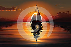 sunset sailboat gliding on calm waters, with the sun casting a warm glow