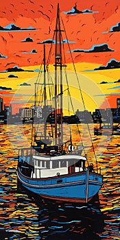Sunset Sailboat In New Haven Harbor: Pop Art Silkscreening Inspired By Bernard Buffet