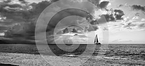 Sunset Sailboat Ocean Sun Ray Journey Banner Panorama Black And White