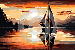sunset sailboat with sails down, drifting on calm and peaceful lake