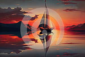 sunset sailboat with sails down, drifting on calm and peaceful lake