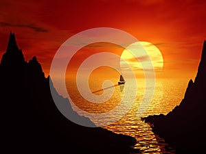 Sunset and sailboat in sea 3d landscape