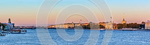 Sunset in Saint Petersburg over the Neva river with the Palace Embankment, the Hermitage and the Admiralty or Admiralteystvo spire