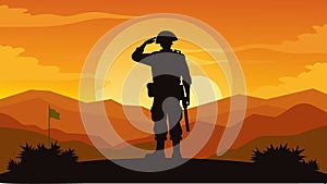 Sunset Salute A lone silhouette of a soldier saluting against the backdrop of a golden orange sky symbolizing the