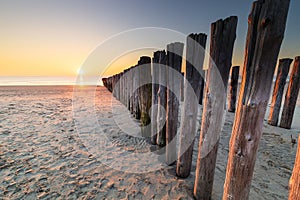 sunset on sand sea beach with wooden poles