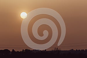 Sunset with sand suspended in the atmosphere, coluring the sky red, over some trees silhouettes and power lines photo