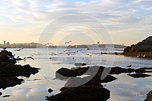 Sunset in Santa Cruz beach in Santa Cruz Galicia, Spain