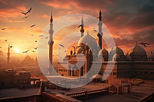 sunset in saudi arabia with mosque and cityscape, The Mosque-Madrasa of Sultan Hassan at sunset, Cairo Citadel, Egypt, AI