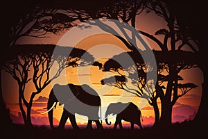 Sunset in the savannah - silhouettes of elephants in the rays of the setting sun