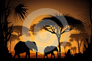 Sunset in the savannah - silhouettes of elephants in the rays of the setting sun