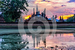 Sunset scence of Wat Mahathat temple in the Sukhothai Historical