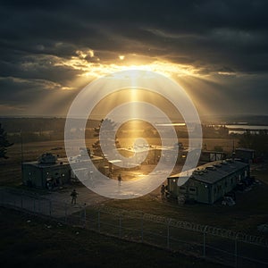 A sunset scene with dramatic sunlight breaking through dark clouds, casting rays