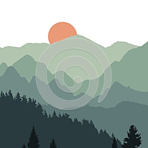 Sunset scene in nature with mountains and forest, silhouettes of trees and hills in the evening. Vector landscape.