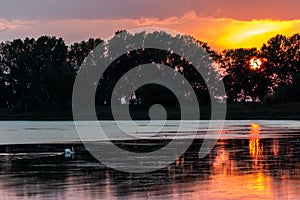 Sunset scene over lake, with sun coming down behind some trees and reflecting on water