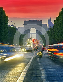 Sunset scene in Paris city. Long exposure photo