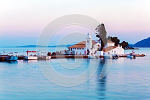 Sunset scene of Vlacherna monastery, Kanoni, Corfu, Greece