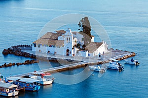 Sunset scene of Vlacherna monastery, Kanoni, Corfu, Greece