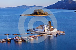 Sunset scene of Vlacherna monastery, Kanoni, Corfu, Greece