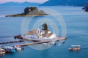 Sunset scene of Vlacherna monastery, Kanoni, Corfu, Greece