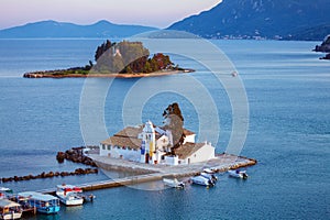 Sunset scene of Vlacherna monastery, Kanoni, Corfu, Greece