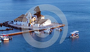 Sunset scene of Vlacherna monastery, Kanoni, Corfu, Greece