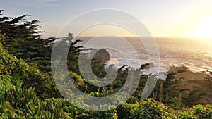 Sunset at scenic Big Sur coast of pacific ocean with beautiful flowers and green plants