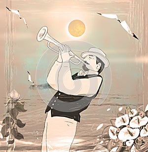 Sunset sea beach Retro musician trumpet jazz watercolor illustration poster
