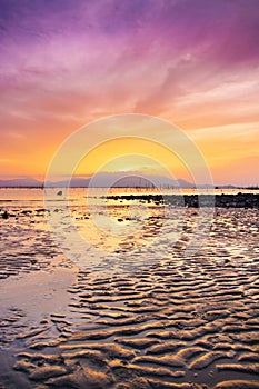 Sunset sea beach sky landscape. Beautiful sun light reflection