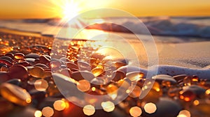 sunset on sea beach sun light ray reflection on sea water and wild amber gemstone and seashell on sand,blurred light
