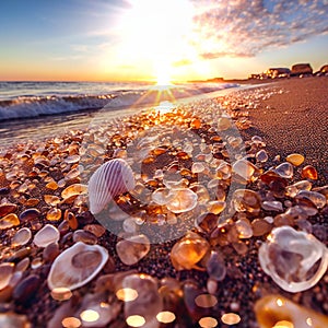 sunset on sea beach sun light ray reflection on sea water and wild amber gemstone and seashell on sand,blurred light
