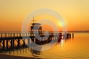 Sunset at the sea bridge in GlÃ¼cksburg Baltic Sea, Schlewig-Holstein,Germany