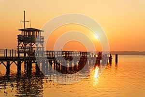 Sunset at the sea bridge in GlÃ¼cksburg Baltic Sea, Schlewig-Holstein,Germany