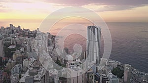 Sunset in the sea. Flying over Beirut Zaytunay bay marina and downtown. Drone aerial shot of Beirut, Lebanon, during sunset.