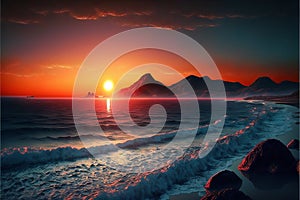 Sunset sea landscape. Colorful beach sunrise with calm waves. Sunrise over the sea and beautiful clouds. Nature sea sky. Sunrise