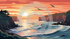 Sunset Sea Scene Illustration In Naturalistic Style