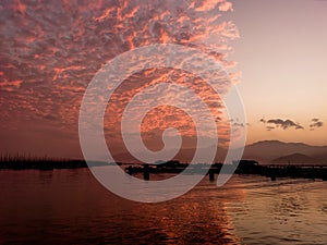 Sunset on the sea sunset fishermen`s daily life beautiful scenery on the sea