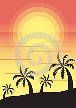 Sunset seascape with palm trees. Summer vacations on the beach. Gradients in shades of pink and orange. Vertical vector