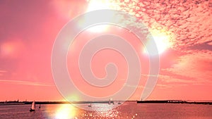 Sunset seascape Pink Coral  water wave reflection sky scape horizon sea stone colorful summer nature background Baltic