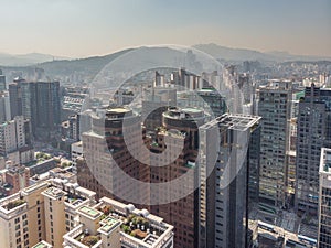 Sunset in Seoul. Aerial Cityscape. South Korea. Skyline of City. Gangnam District