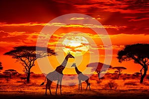 Sunset serenade. majestic giraffes strolling the african savannah, bathed in a stunning golden glow
