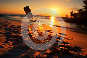 Sunset serenade message in a bottle washed ashore, romantic setting