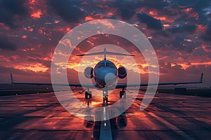 Sunset Serenade: A Private Jet\'s Runway Repose. Concept Private Jet, Sunset, Serenade, Runway, photo