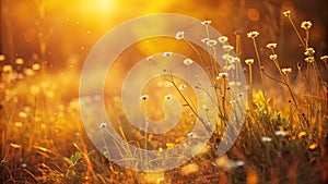 A serene field of wildflowers basking in the warm golden light of sunset